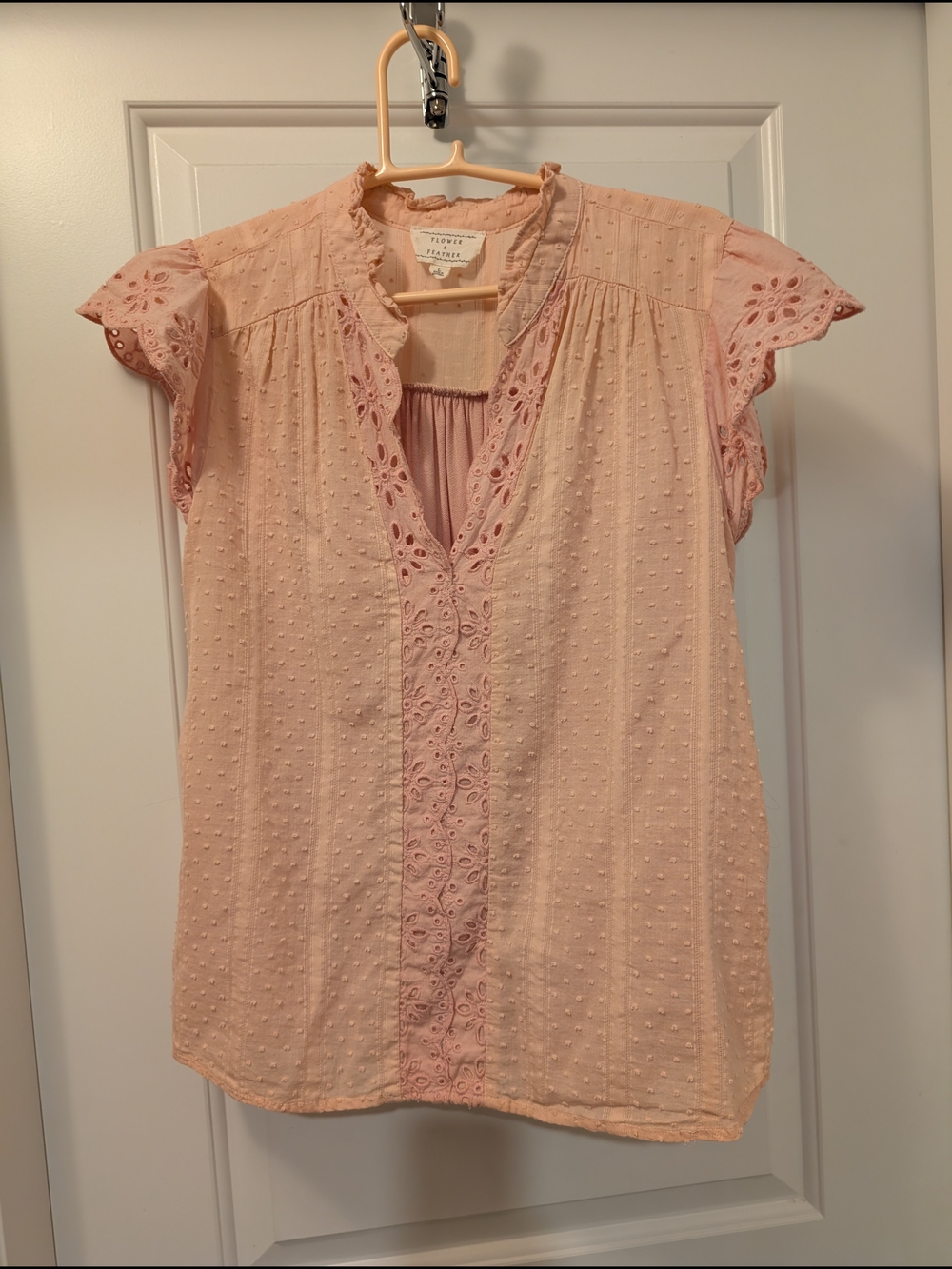 Delicate Light Pink Eyelet Flutter Sleeve Top by Flower And Feather